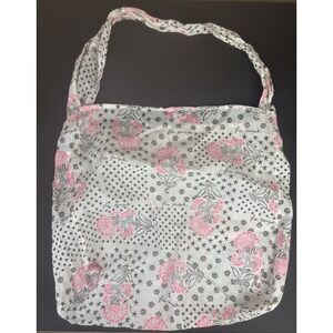 Free People Shopper Tote Bag Linen Semi Sheer Boho Floral Black Pink Ivory 18"